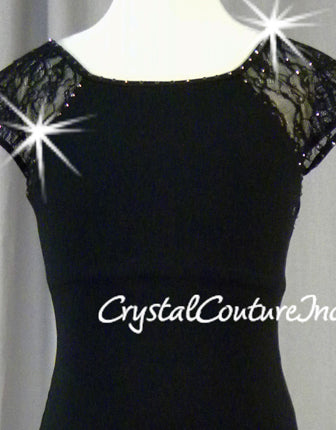 Black Leotard with Lace Sleeves - Swarovski Rhinestones