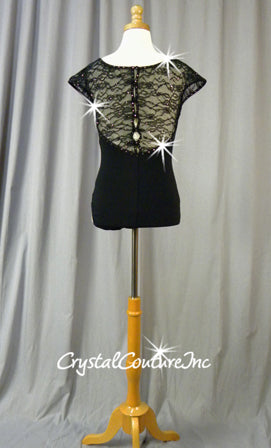 Black Leotard with Lace Sleeves - Swarovski Rhinestones