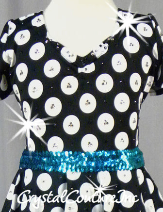 Black and White Polka Dotted Dress with Blue Accents - Swarovski Rhinestones