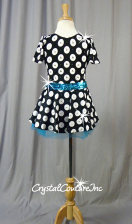 Black and White Polka Dotted Dress with Blue Accents - Swarovski Rhinestones