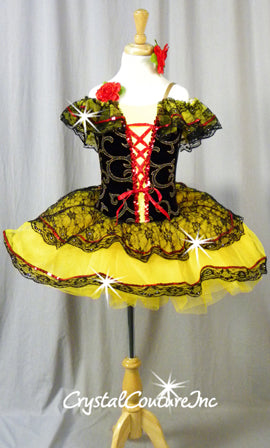Spanish Inspired Black and Yellow Tutu with Red Accents - Swarovski Rhinestones