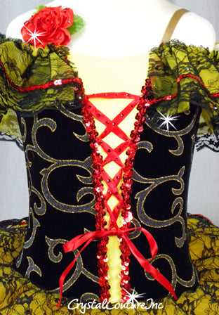 Spanish Inspired Black and Yellow Tutu with Red Accents - Swarovski Rhinestones