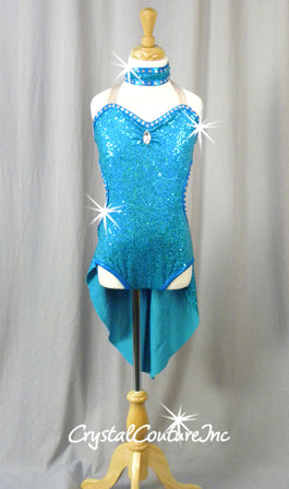 Teal Blue Zsa Zsa Leotard with Half Skirt - Swarovski Rhinestones