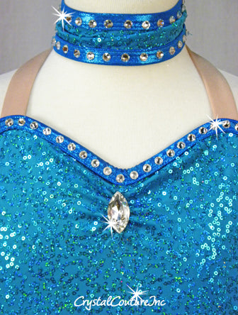 Teal Blue Zsa Zsa Leotard with Half Skirt - Swarovski Rhinestones