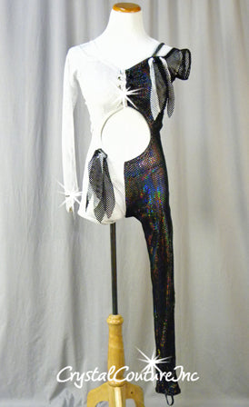 Black and White Lycra/Open Net Mesh Body-Tard - Swarovski Rhinestones