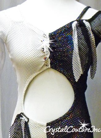 Black and White Lycra/Open Net Mesh Body-Tard - Swarovski Rhinestones