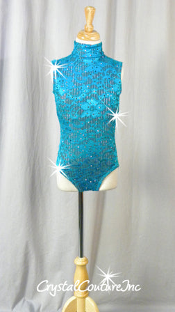 Teal Blue Floral Lace and Gray Lycra Leotard - Swarovski Rhinestones