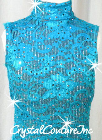 Teal Blue Floral Lace and Gray Lycra Leotard - Swarovski Rhinestones