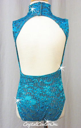 Teal Blue Floral Lace and Gray Lycra Leotard - Swarovski Rhinestones
