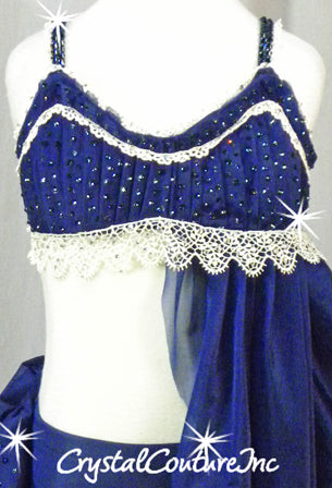 Custom Navy Blue Connected Two-Piece with Ivory Accents - Swarovski Rhinestones