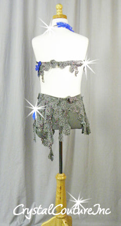 Gray and Royal Blue Bra-Top and Booty Shorts/Half Skirt - Swarovski Rhinestones