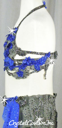 Gray and Royal Blue Bra-Top and Booty Shorts/Half Skirt - Swarovski Rhinestones