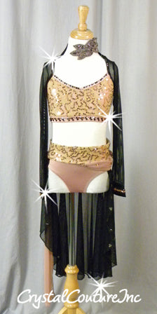 Blush and Nude Bra-Top/Trunk with Sheer Mesh Shrug and Skirt - Rhinestones