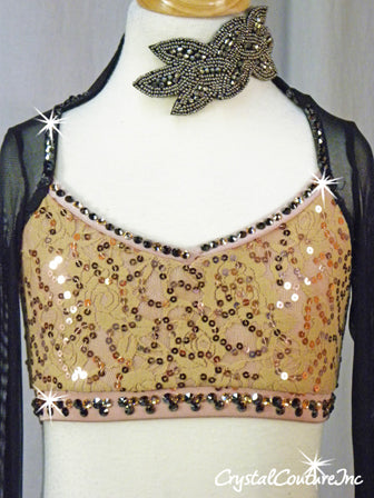 Blush and Nude Bra-Top/Trunk with Sheer Mesh Shrug and Skirt - Rhinestones