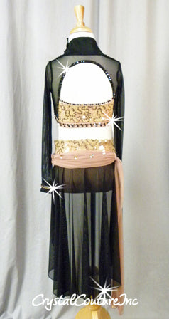 Blush and Nude Bra-Top/Trunk with Sheer Mesh Shrug and Skirt - Rhinestones