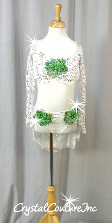White Floral Lace Bra-Top and Trunk/Skirt with Green Accents - Swarovski Rhinestones