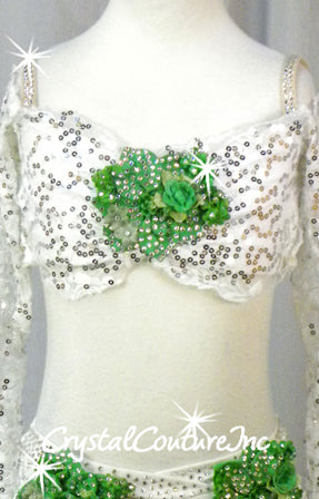 White Floral Lace Bra-Top and Trunk/Skirt with Green Accents - Swarovski Rhinestones