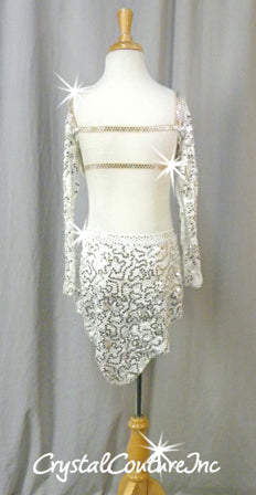 White Floral Lace Bra-Top and Trunk/Skirt with Green Accents - Swarovski Rhinestones