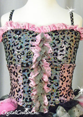 Black/Pink Animal Print Top with Black Trunk/Bustle Skirt - Swarovski Rhinestones