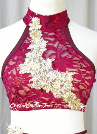 Burgundy & Nude Bra Top & Asymmetrical Skirt with Attached Briefs - Swarovski Rhinestones
