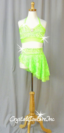 Neon Green Floral Lace Halter Top and Skirt/Booty Short - Swarovski Rhinestones