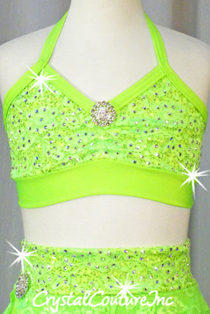Neon Green Floral Lace Halter Top and Skirt/Booty Short - Swarovski Rhinestones
