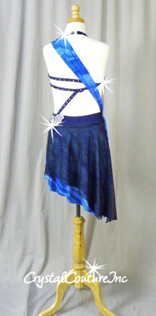 Custom Blue Bra-Top & Booty Shorts with Attached Asymmetrical Half Skirt - Swarovski Rhinestones