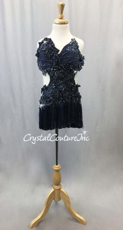 Navy Blue Floral Lace Cut-Away Leotard with Fringe Skirt - Swarovski Rhinestones