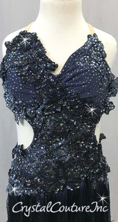 Navy Blue Floral Lace Cut-Away Leotard with Fringe Skirt - Swarovski Rhinestones