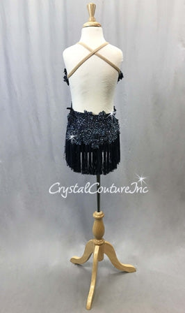 Navy Blue Floral Lace Cut-Away Leotard with Fringe Skirt - Swarovski Rhinestones