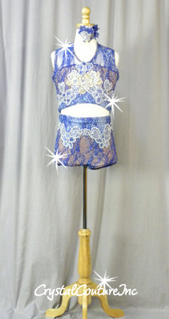 Blue and Lt Blue Floral Lace Connected 2 pc with Embroidered Appliques - Swarovski Rhinestones