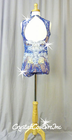 Blue and Lt Blue Floral Lace Connected 2 pc with Embroidered Appliques - Swarovski Rhinestones