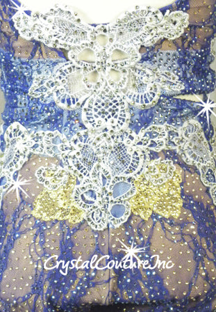 Blue and Lt Blue Floral Lace Connected 2 pc with Embroidered Appliques - Swarovski Rhinestones