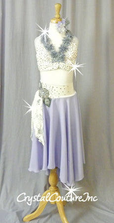 Ivory/Periwinkle/Gray Bra Top & Asymmetrical Skirt with Attached Booty Shorts - Swarovski Rhinestones