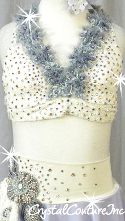 Ivory/Periwinkle/Gray Bra Top & Asymmetrical Skirt with Attached Booty Shorts - Swarovski Rhinestones