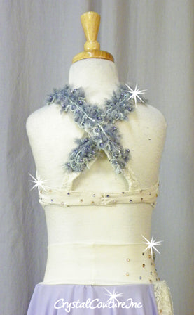 Ivory/Periwinkle/Gray Bra Top & Asymmetrical Skirt with Attached Booty Shorts - Swarovski Rhinestones