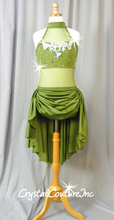 Olive Leotard with Attached Half Skirt - Swarovski Rhinestones