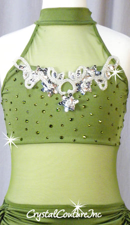 Olive Leotard with Attached Half Skirt - Swarovski Rhinestones