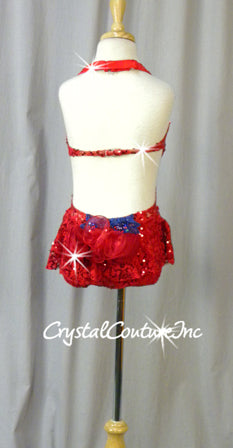 Custom Red Floral Sequin Lace Leotard/Skirt with Blue Accents - Swarovski Rhinestones
