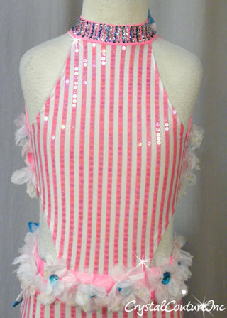 Custom Pink/White Striped Leotard with Blue/White Checkered Bows - Swarovski Rhinestones