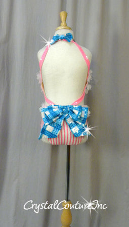 Custom Pink/White Striped Leotard with Blue/White Checkered Bows - Swarovski Rhinestones