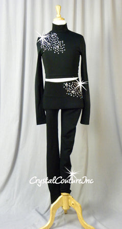 Black Two-Piece Long Sleeve High Neck Crop Top and Leggings - Swarovski Rhinestones