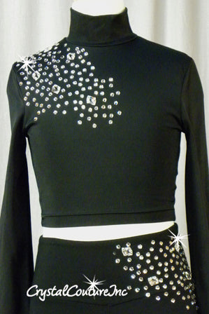 Black Two-Piece Long Sleeve High Neck Crop Top and Leggings - Swarovski Rhinestones