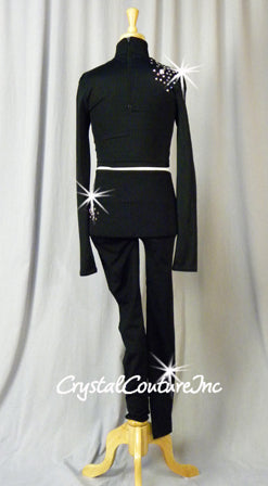 Black Two-Piece Long Sleeve High Neck Crop Top and Leggings - Swarovski Rhinestones