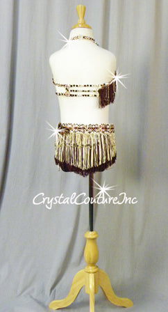Brown/Ivory 2 Pc Halter Bra-Top and Beaded Fringed Skirt/Brief - Swarovski Rhinestones