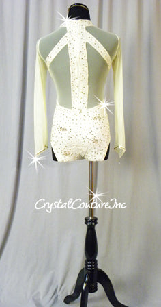 Ivory Floral Lace Leotard with Sheer Mesh Sleeves and Back - Swarovski Rhinestones