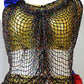 Gold 2 pc Bra Top and Skirt Covered with Intricate Multi-Colored Beaded/Black Netting
