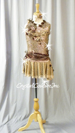 Lt Brown Floral Lace Leotard with Asymmetrical Skirt - Swarovski Rhinestones