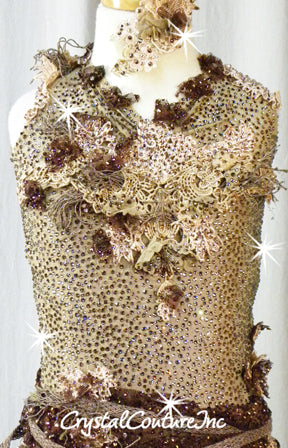 Lt Brown Floral Lace Leotard with Asymmetrical Skirt - Swarovski Rhinestones