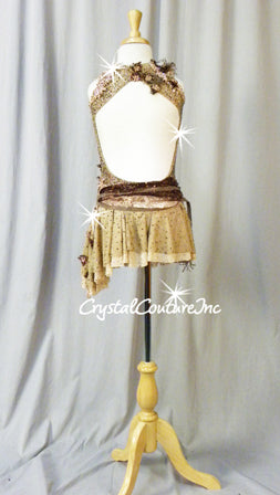 Lt Brown Floral Lace Leotard with Asymmetrical Skirt - Swarovski Rhinestones